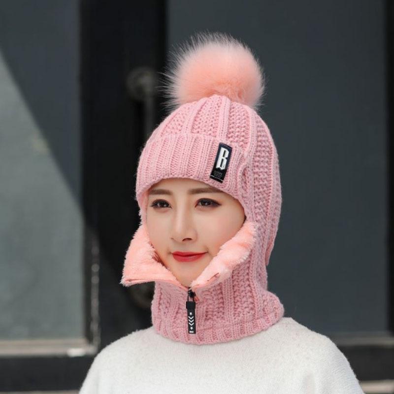 Women Wool Knitted Hat Ski Hat Sets Windproof Winter Outdoor Knit Thick Siamese Scarf Collar Warm Keep Face Warmer Pompoms Cap