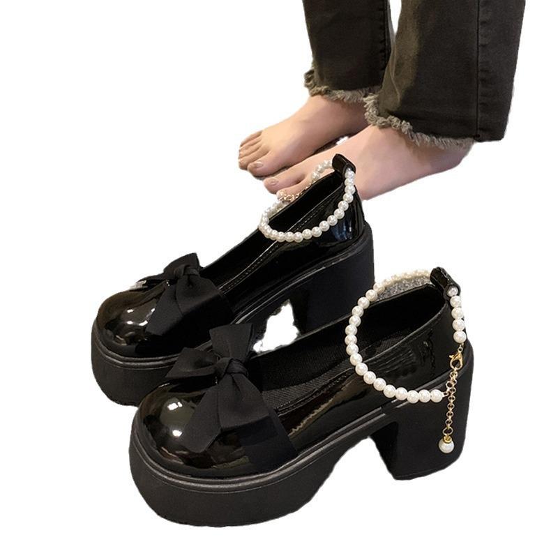 Японские туфли Мэри Джейн на платформе женские новые летние туфли-лодочки на французском высоком каблуке из маленькой кожи с жемчужным бантом