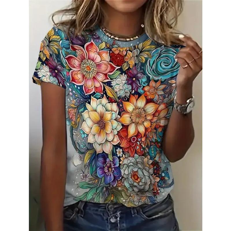 Women's Summer Temperament Elegant Round Neck Pullover Short Sleeved Plant Floral Print T-Shirt