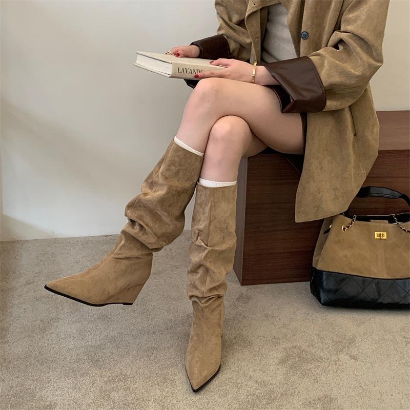 Wedge heel boots autumn and winter new pointed high heel wrinkled pile boots wide knight boots