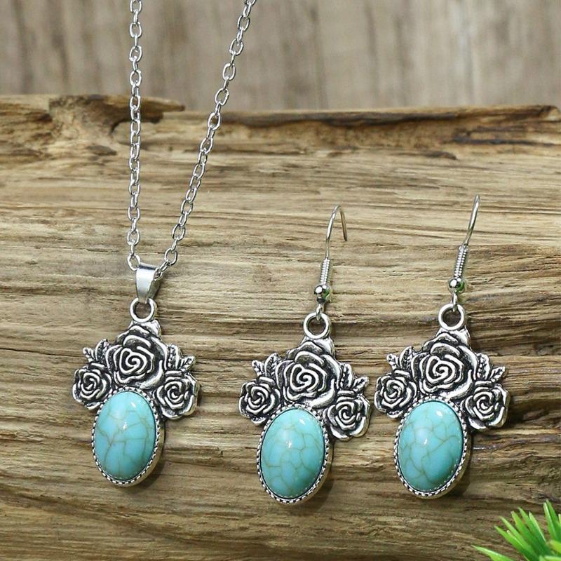 GemChic Женские Новые Винтажные Простые Круглые Цветы Бирюзовый Кулон Ожерелье Серьги Комплект Из Двух Частей Подарок На День Рождения Рождественские Украшения