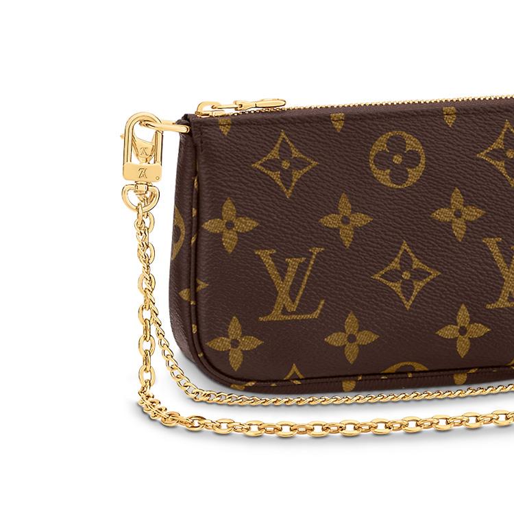Louis Vuitton Мини-сумочка Pochette с двойной цепочкой, классическая, с монограммой, из канваса с покрытием, кожаная, ручная, наплечная, кроссбоди, миниатюрная, женская, коричневая, M82510