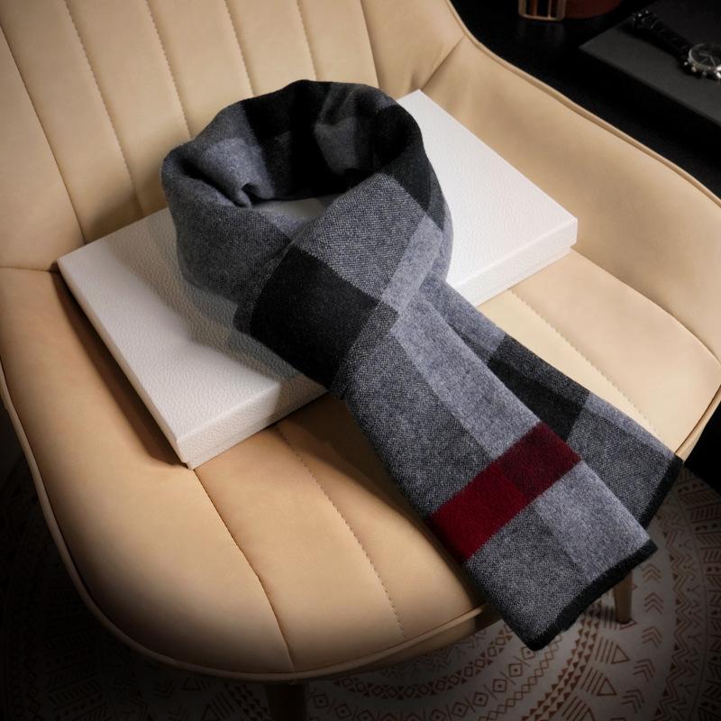 Pure Wool Plaid Scarf Men's Autumn and Winter Versatile Warm Thickened High-end Men's Scarf New Scarf
