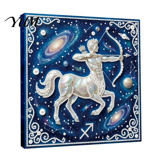 Faux Pearl Painting Decor DIY Kit, 12 Zodiac Signs Rhinestone Art Set for 3D Kit Adults Beginners, Handmade Wooden Frame Fake Wall Decoration