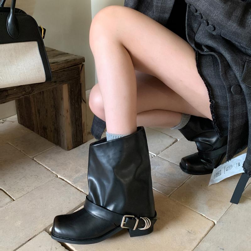 Vintage Square Toe Women Western Cowgirl Fashion Belt Buckle Shoes Autumn Winter Thick Heel Women's Knight Short Booties