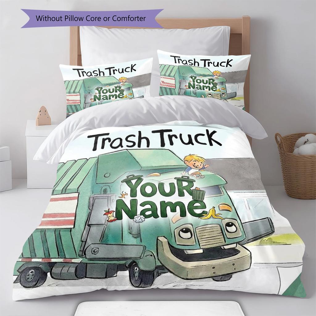 Trash Truck Adventure Custom Name Pattern Bedding Quilt Set Quilt Cover Pillowcase Home Birthday Gift(1 * duvet cover + 2 * pillowcase, without core)