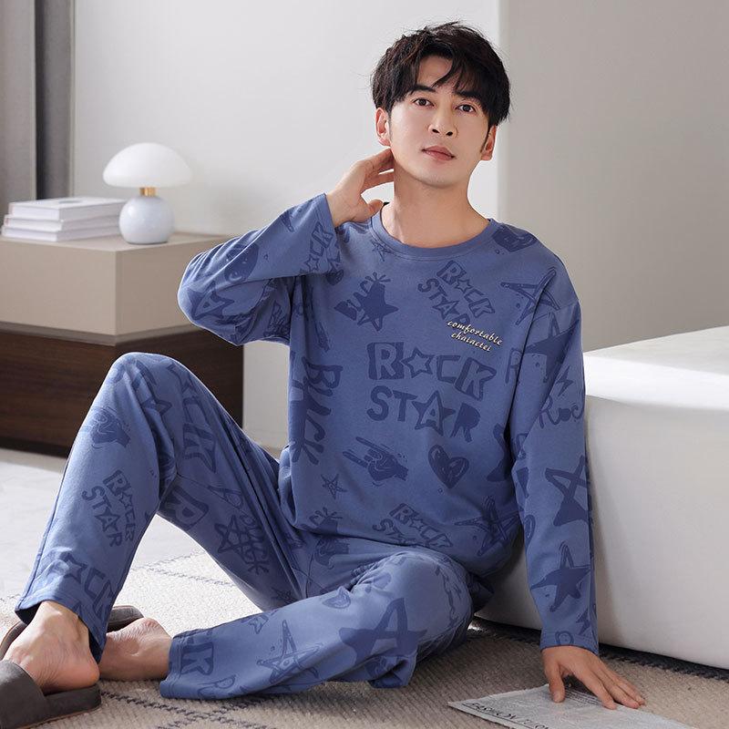 Pajamas Men'S Spring And Autumn Cotton Long Sleeve Crew Neck Casual Blue Autumn Loungewear Large Size Set