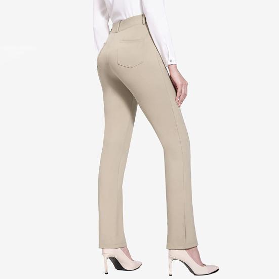 Women Office Pants Elastic High Waist Solid Color Trousers with Pockets Light Flared