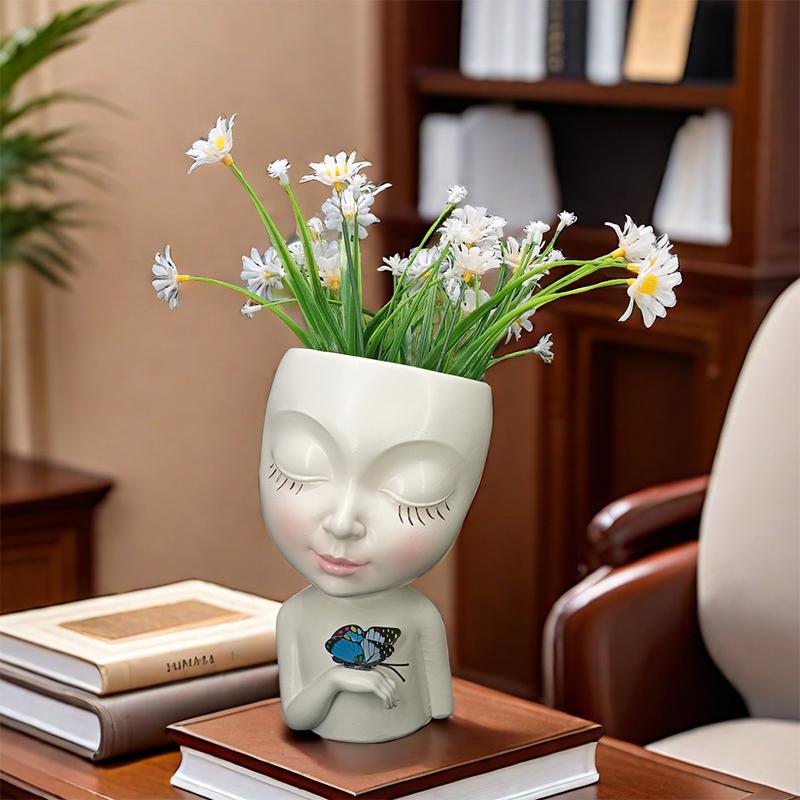 Горшок для цветов в виде лица девочки-бабочки, кашпо для суккулентов с дренажным отверстием, милые горшки для цветов в виде женского лица, смоляные настольные украшения