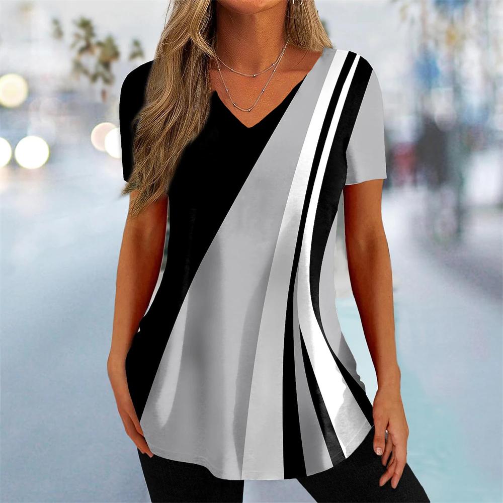 Новая женская футболка с кривым принтом и v-образным вырезом, модная уличная одежда, женская одежда, повседневный летний пуловер с короткими рукавами, футболка для женщин