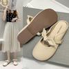 2024 Summer and Korean Edition Round Head Soft Leather Flat Bottom Versatile Baotou One Line Strap Half Slippers for Women