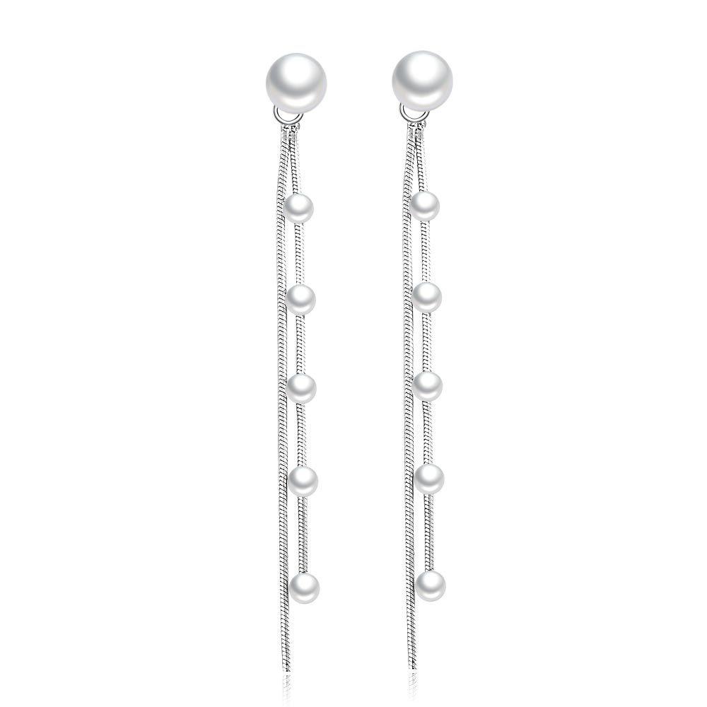 Silver Plated Hanging Earrings Women's Korean-Style Tassel Temperamental Long Pearl Back Earrings Simple Ear Chain Earrings