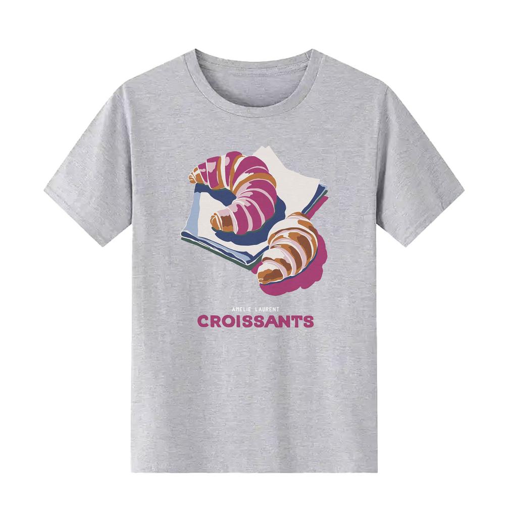 Fashionable and delicious croissant printed pattern short sleeved round neck daily versatile Womens Tshirt