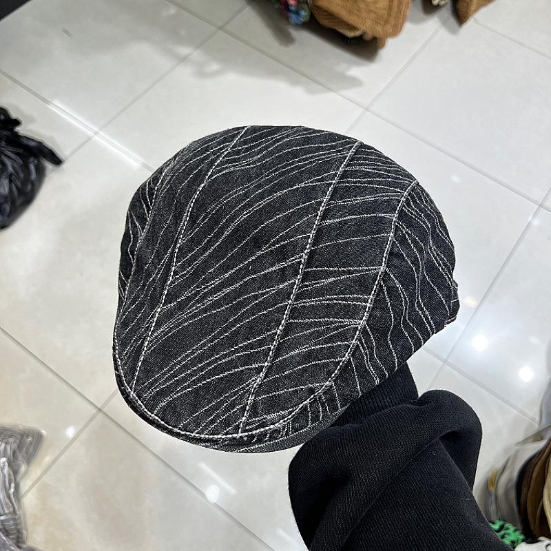 South Korea's early spring new niche design striped denim forward hat women's washed retro beret