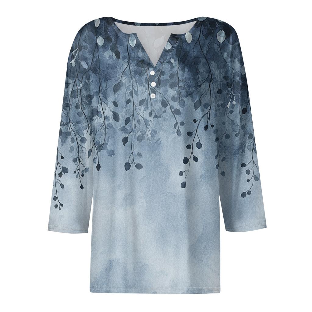 Женская модная повседневная футболка с цветочным принтом, V-образным вырезом, декоративными пуговицами и рукавом три четверти