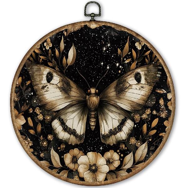 TLESKE Vintage Butterfly Floral Round Wall Art Decor Framed 10x10, Gothic Moth Canvas Wall Art Prints Artwork, Moody Fall Floral Wall Hanging Room