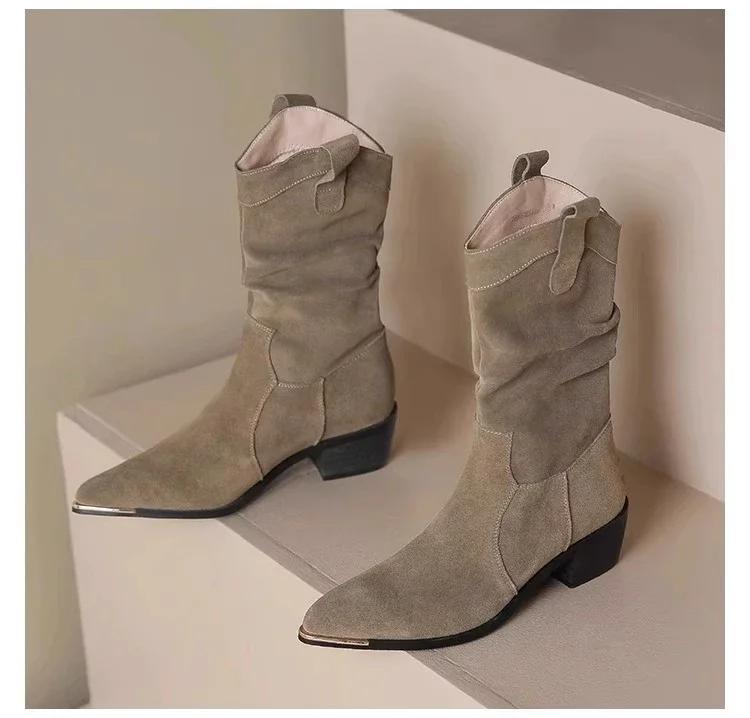 Autumn Winter Classic Chelsea Boots for Woman Suede Pointy Toe Wedge Heel Ankle Boots Simple Comfortable Cowboy Botas Female