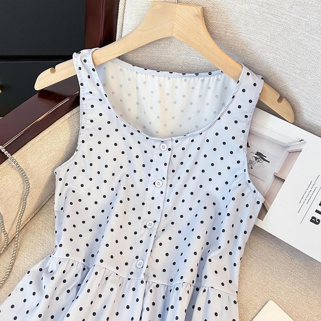 Женское летнее платье-жилет без рукавов в горошек для миниатюрных – стиль французского чаепития, приталенный удлиненный дизайн