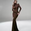 Women Evening Dress Long Sleeves Skinny Solid Color Sheath Hollow Back Floor