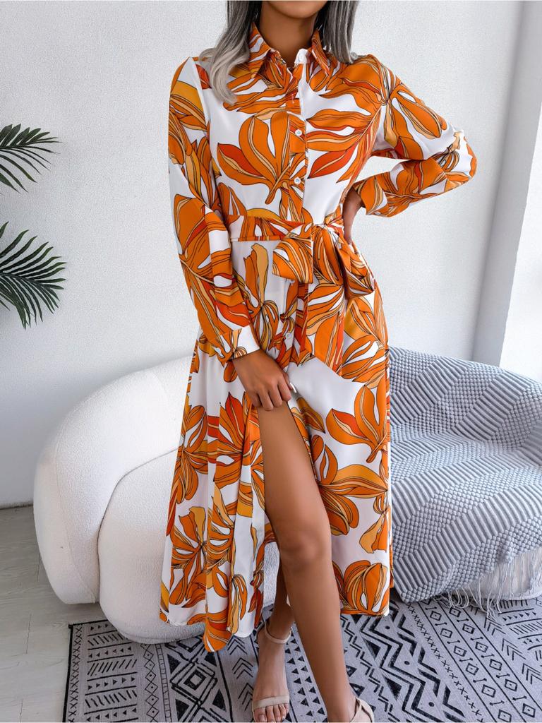 Turndown Collar Printing Button Dress High Waist Elegant Shirt Dress for Women Long Sleeve Loose Dresses Causal Dress
