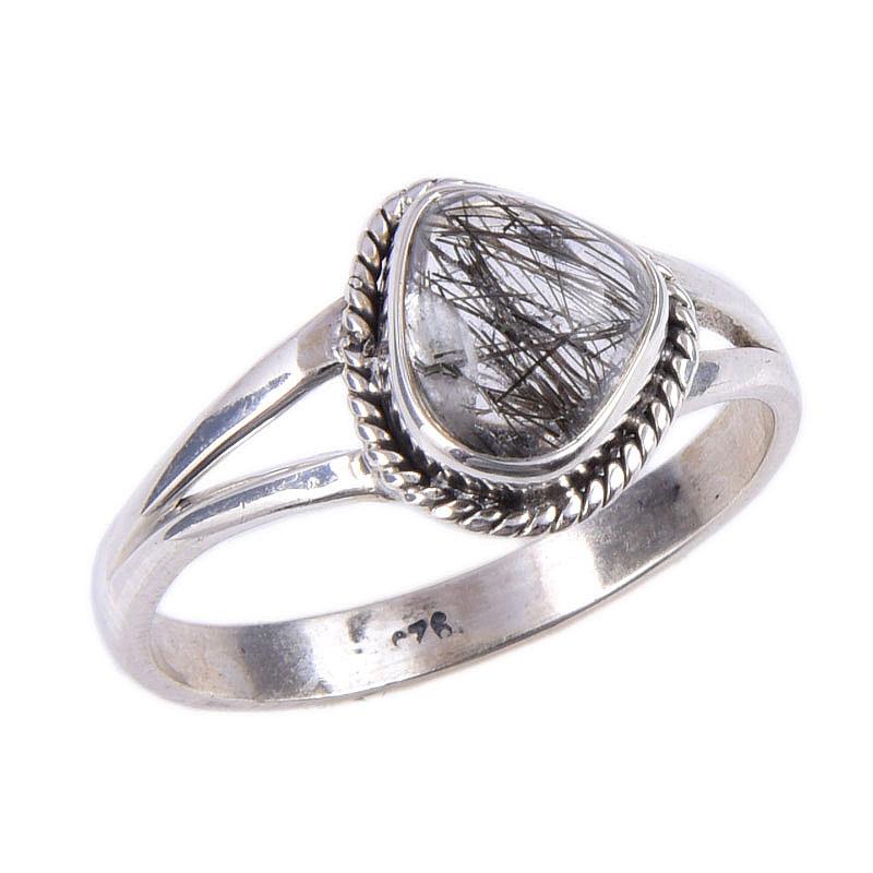 Natural Black Rutile Gemstone Handmade 925 Solid Sterling Silver Ring S.10 e4Y96