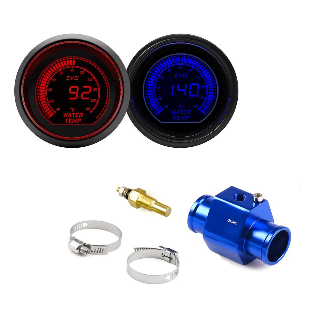 52mm Car Water Temperature Gauge LCD 40~140 ℃ Red Blue Backlight With Water Temp Sensor Water Temp Joint Pipe Sensor Adapter