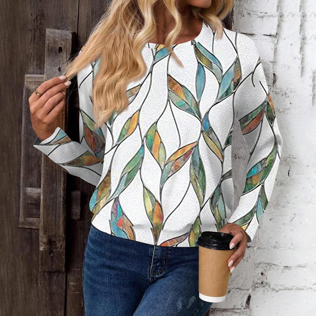 Women's Fashionable Casual Long Sleeved Printed Off Shoulder Round Neck Top