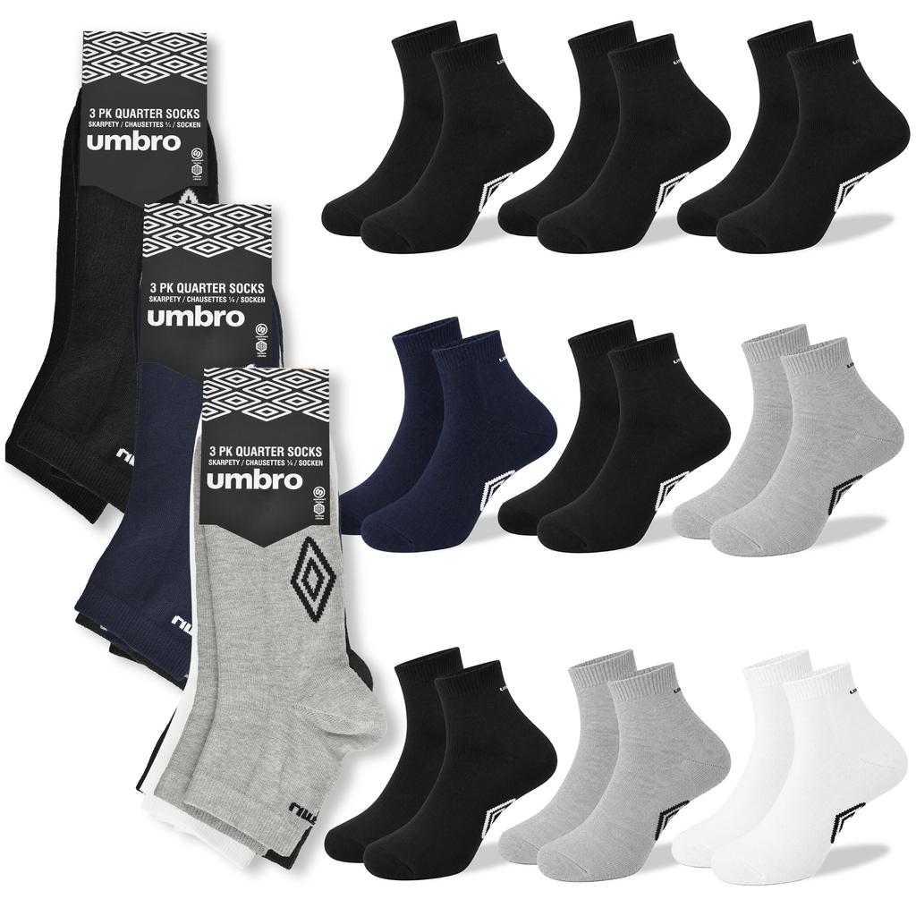 UMBRO Men' Quarter Socks 9 Pairs Cotton Ankle Mix Colors 43/46