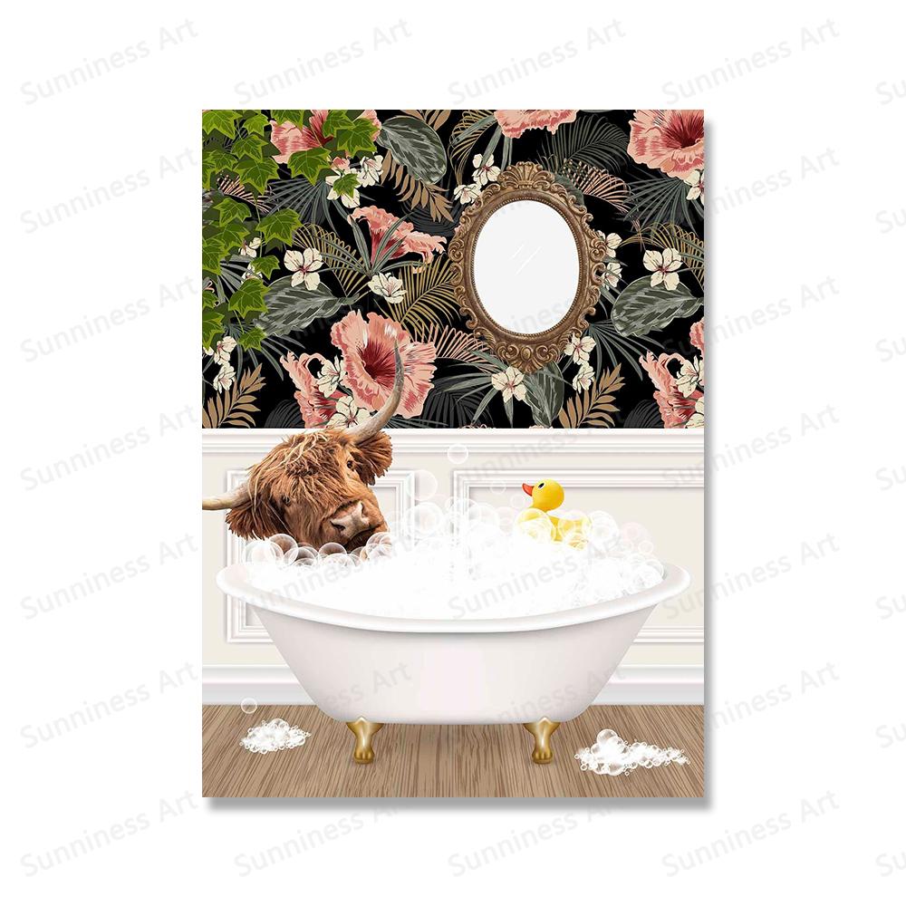Животное Highland Cow в ванной комнате Wall Art Холст Картина Плакаты Ботаническая библиотека Монстера Лист Печать Для Кофейни Домашний Декор