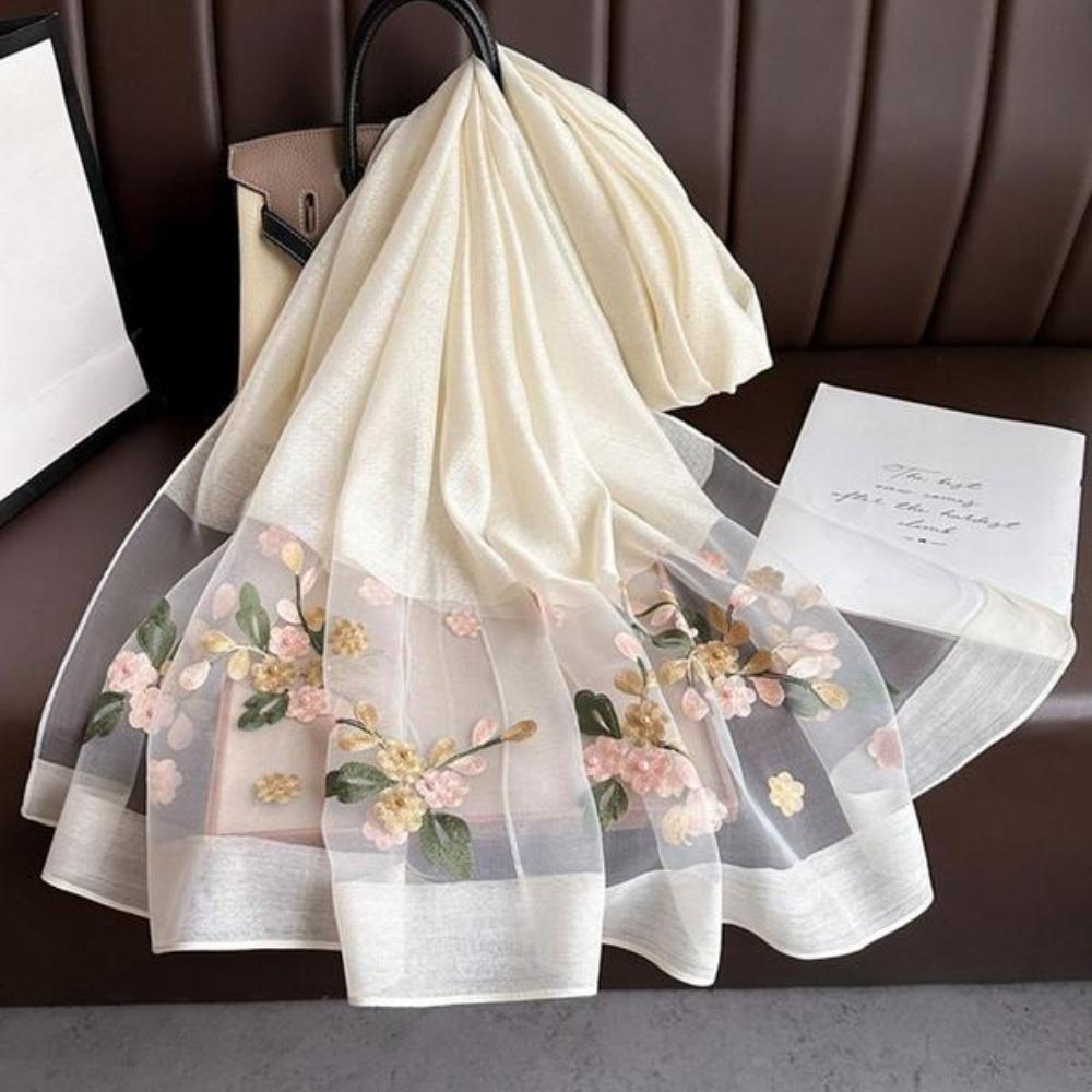 Элегантный шелковый шарф с цветочной вышивкой для женщин, стильная пляжная шаль с бисерной отделкой для защиты от солнца, богемный ветрозащитный маст-хэв