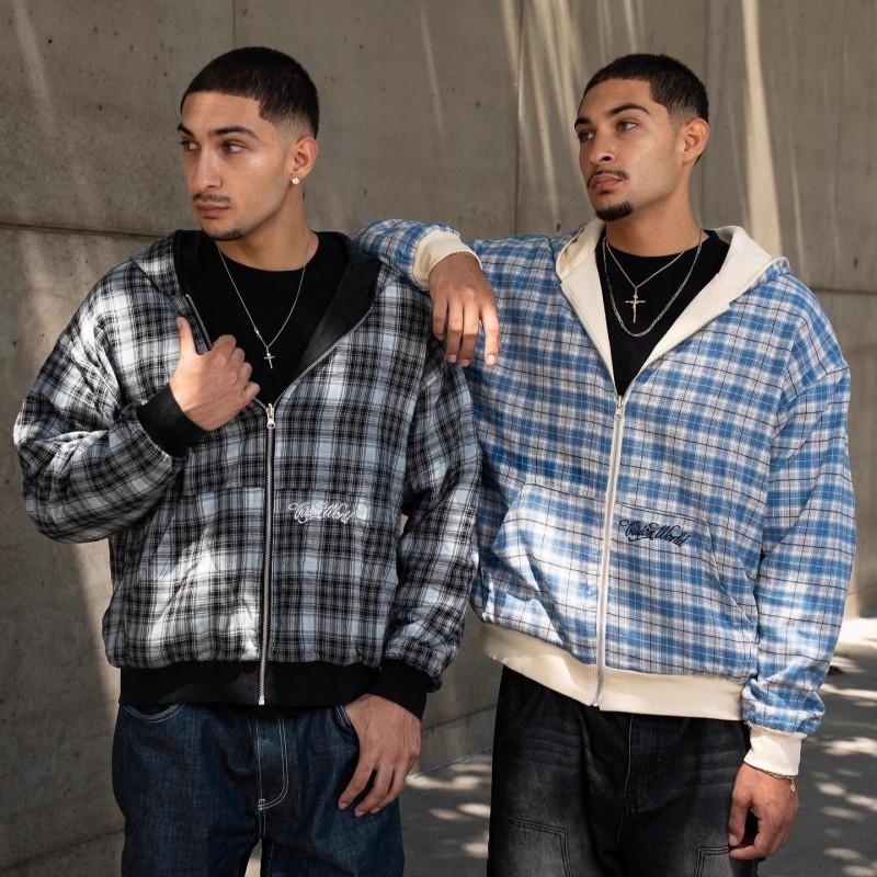 Mens Reversible Hooded Zip Sweatshirt Streetwear Plaid Lining Loose Fit Fall Casual Top