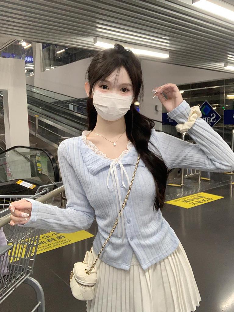 Snowflake Stripe Brushed Blue Lace Two-Piece Long Sleeve T-Shirt - Women's Autumn Short Style