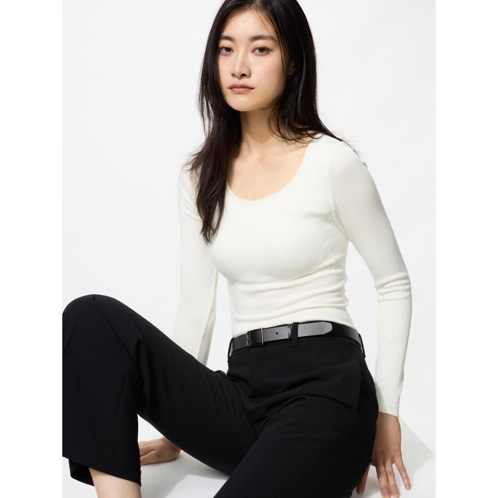 Uniqlo Ультра теплое термобелье с рубчиком, с U-образным вырезом, футболка с длинным рукавом