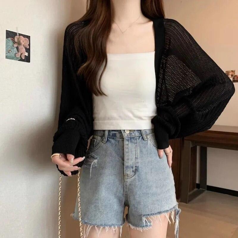 White Hollowed Out Knitted Cardigan Sweet Versatile Women Short Top Loose Shawl Thin Coat New Fashion Commuting Spring Autumn