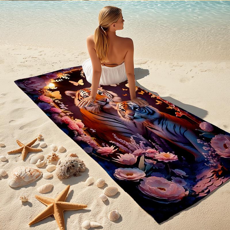 1Pc Tiger Family Fantasy Garden Beach Towel Quick Dry Multiuse For Beach Pool Gym Yoga Home Travel Christmas Halloween Xmas Gift G1147