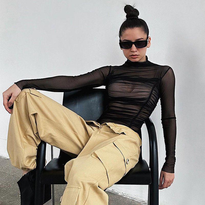 Женский прозрачный боди с длинным рукавом из сетки - Шикарный облегающий топ с высокой талией