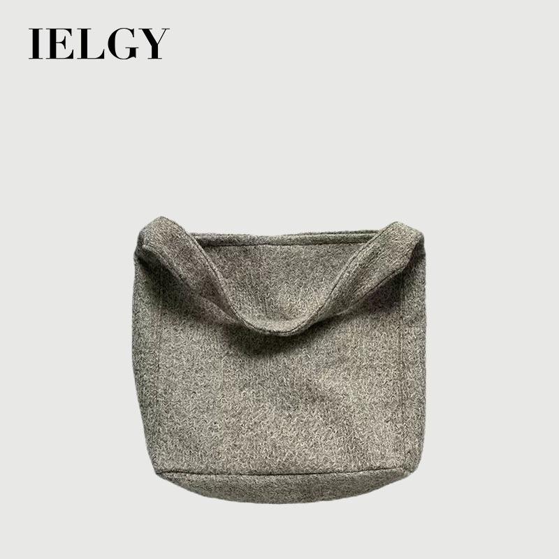 IELGY Retro Female Lazy Style Korean Woolen Tote Bag Autumn Winter Large-Capacity Commuter One-Shoulder Mo