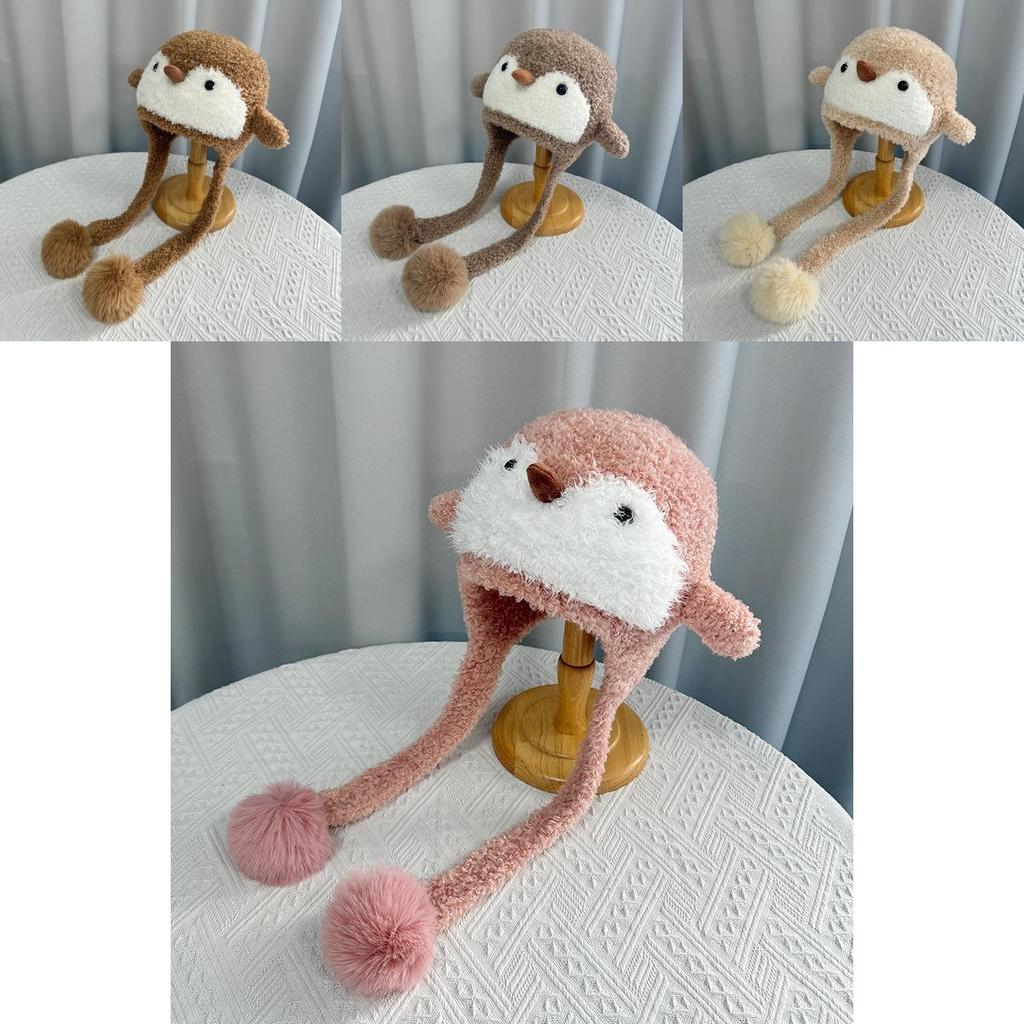 Детская милая вязаная шапка-бини с пингвином из пушистого полиэстера для холодной погоды и тепла для головы