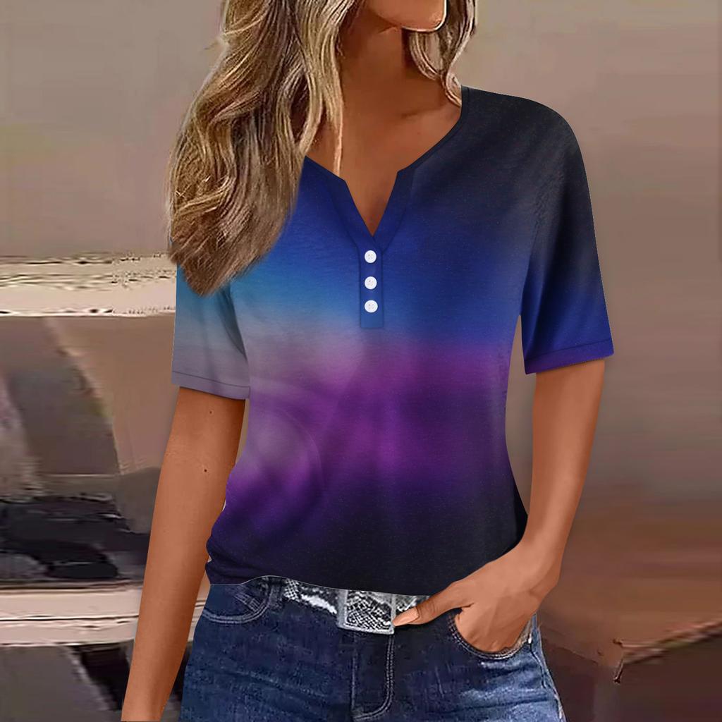 Женская футболка Футболка Принт Пуговица Короткий рукав Повседневная Мода для выходных Базовая V-образный вырез Обычный топ