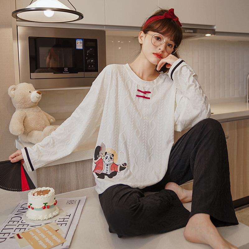 Пижамы с принтом, комплект из двух предметов, студенческий корейский, свободный, повседневный, с круглым вырезом, с длинными рукавами, весенне-осенний, сладкий, негабаритный, шикарный тренд