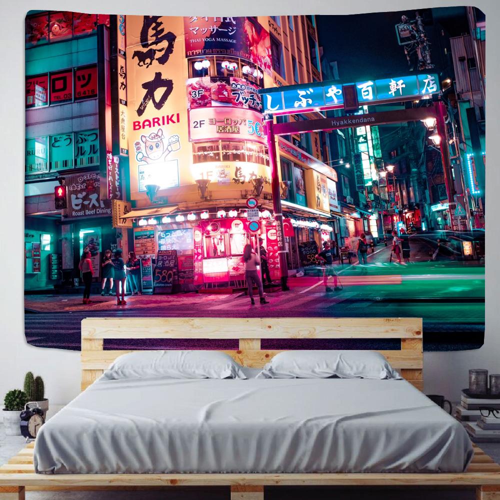 Япония Токио город ночной вид гобелен общежитие покрывало матрас колдовство настенный богемный фон в стиле хиппи Настенный декор