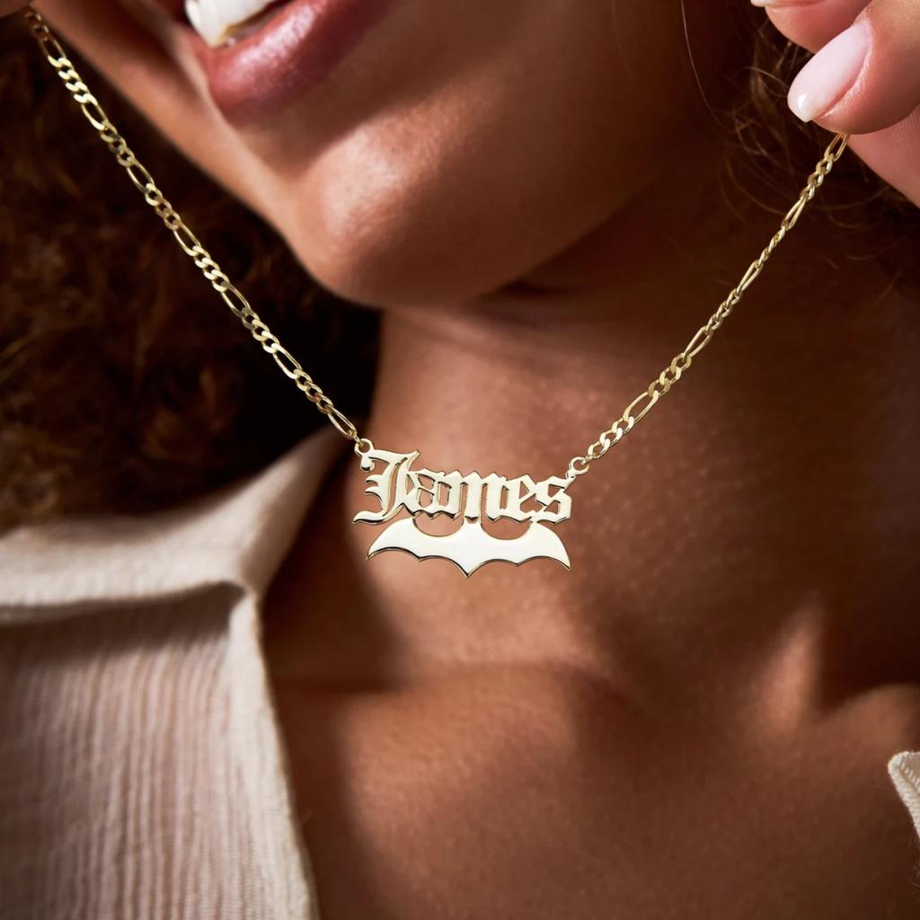Jeshayuan Custom Bat Name Necklace Custom Gothic Name Necklace For Women Old English Font Name Necklace with Bat For Men