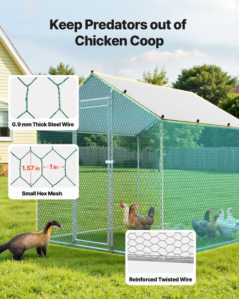 VEVOR Metal Chicken Coop, 6.56x6.56x6.56ft Large Walk-in Chicken Runs with Cover, Spire Roof Hen House Enclosure with Security Lock