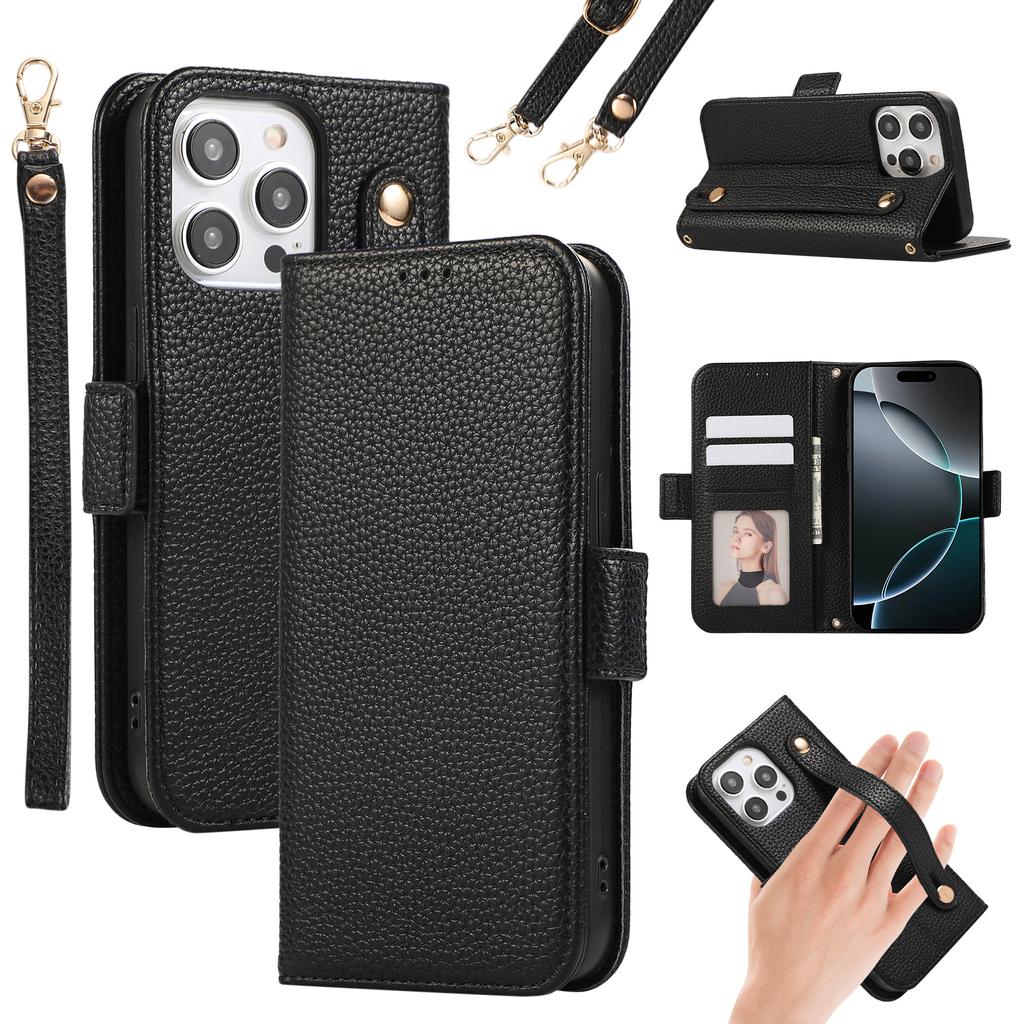 For iPhone 15 Pro Max Leather Case with Card Holder,Straps,Shockproof Wallet Phone Cover