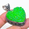 Green Titanium Druzy Vintage Pendant 1.85" Silver Tone Heart Gemstone Jewelry
