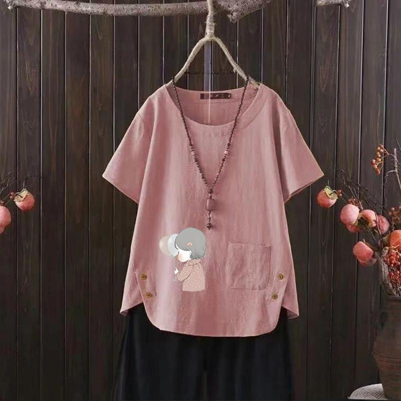 Nordic Balloon Series Print V-neck Cotton Hemp T-shirt for Women - 2025 Summer New Arrival