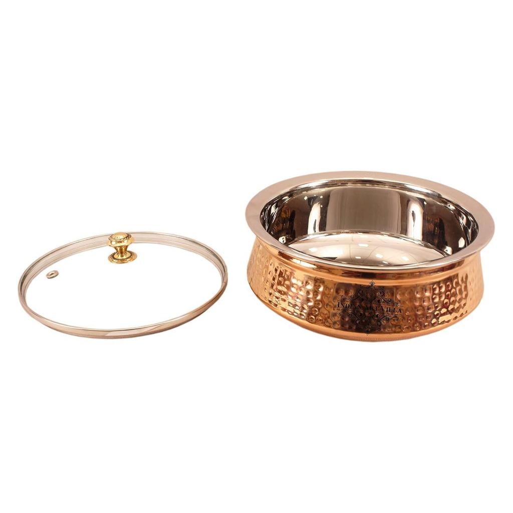Hammered Steel Copper Casserole Donga Bowl with Glass Lid, Tableware & Serveware, 1400 Ml, Hammered, Polished