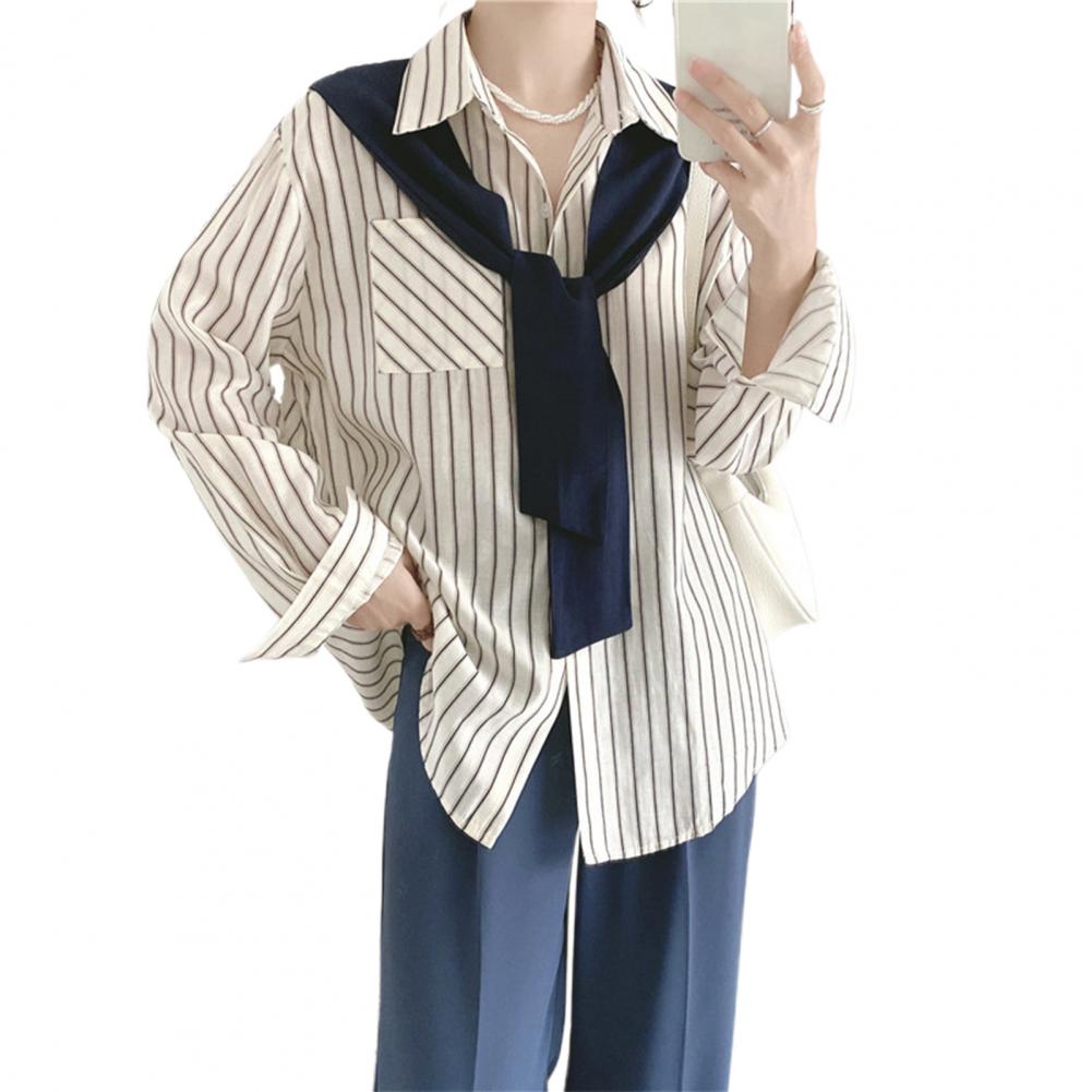 Women Shirt Lapel Long Sleeve Vertical Stripe Print Fake Two Pieces Shirt Tops Regular Fit French Style Shirt