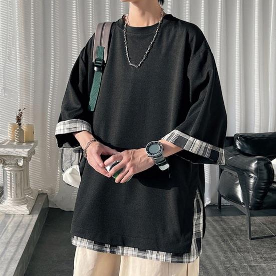 Летняя мужская футболка с круглым вырезом, свободная, искусственная, из двух частей, средней длины, сплошной цвет, плюс размер, рукава три четверти, уличная одежда, топ на открытом воздухе