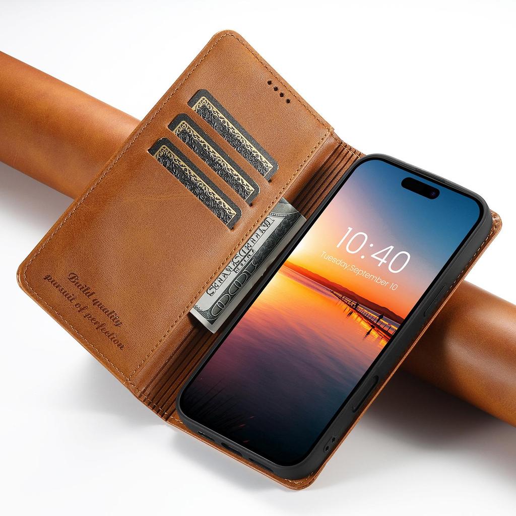 Кожаный чехол-книжка для iPhone 17 Pro Max и Samsung S25 Ultra со слотом для карт и подставкой